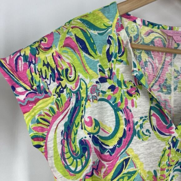 Lilly Pulitzer T Shirt Size Small Pink Green Knit Linen Casual Top Print Beachy - Picture 4 of 9
